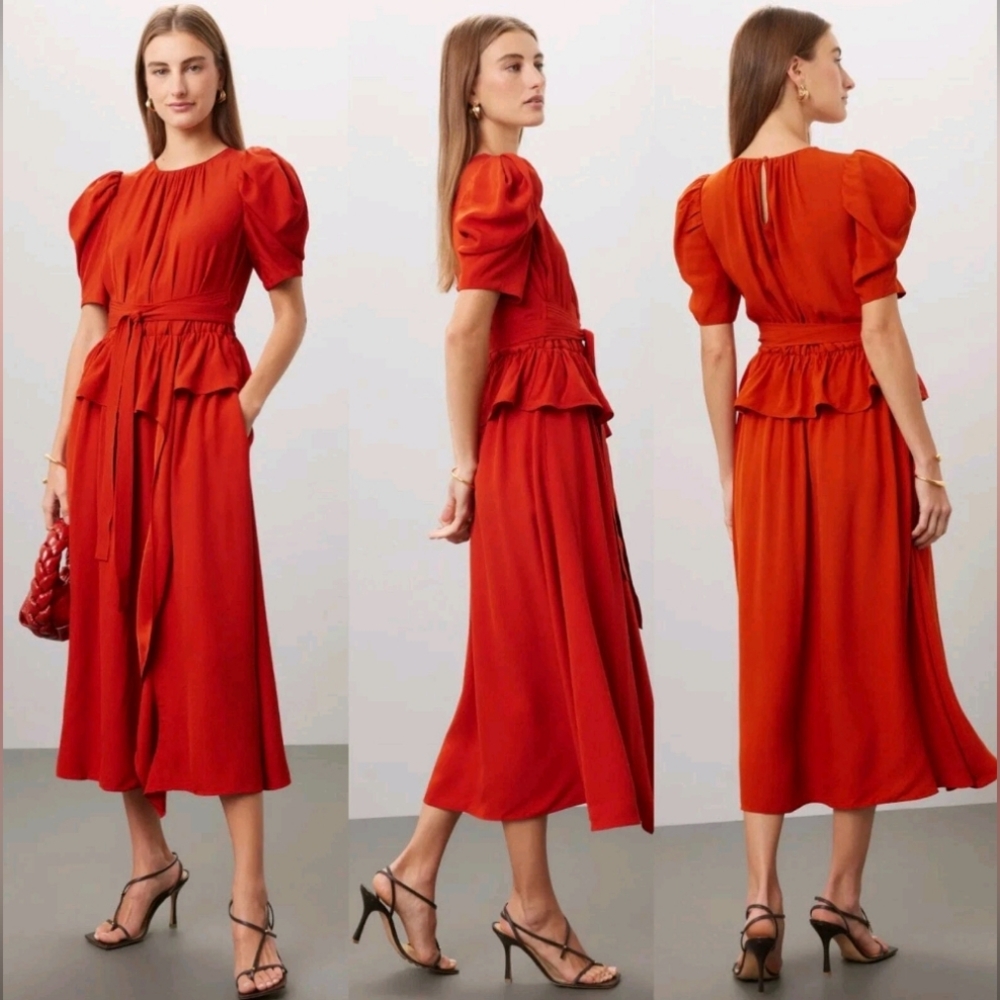 Ulla Johnson Marion Ruffle Peplum Orange Midi Dress| Size 4